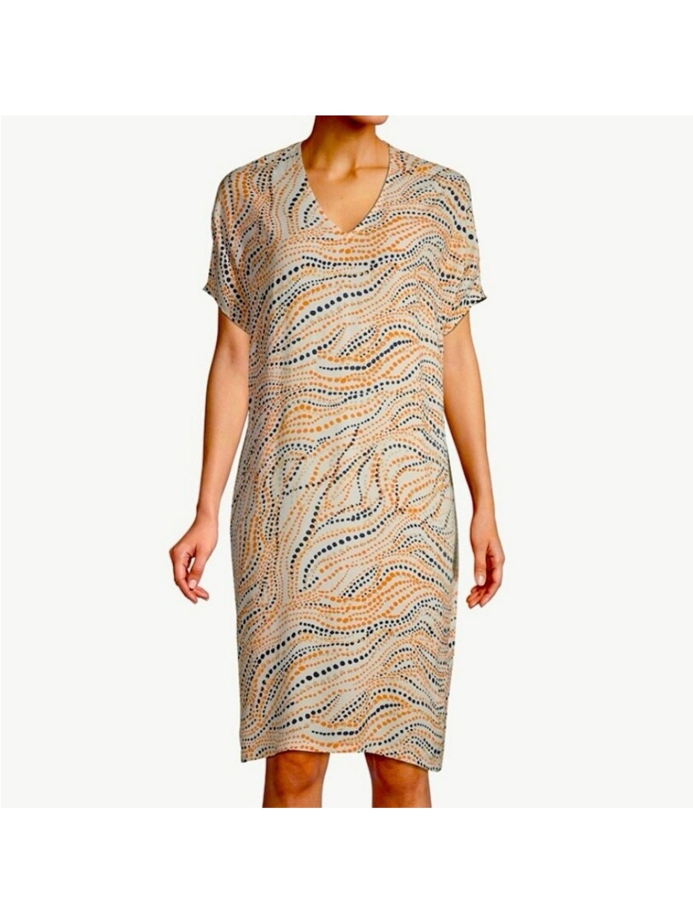 Chico's Beige with Navy & Soft Orange Wave-Print Swim Coverup Dress